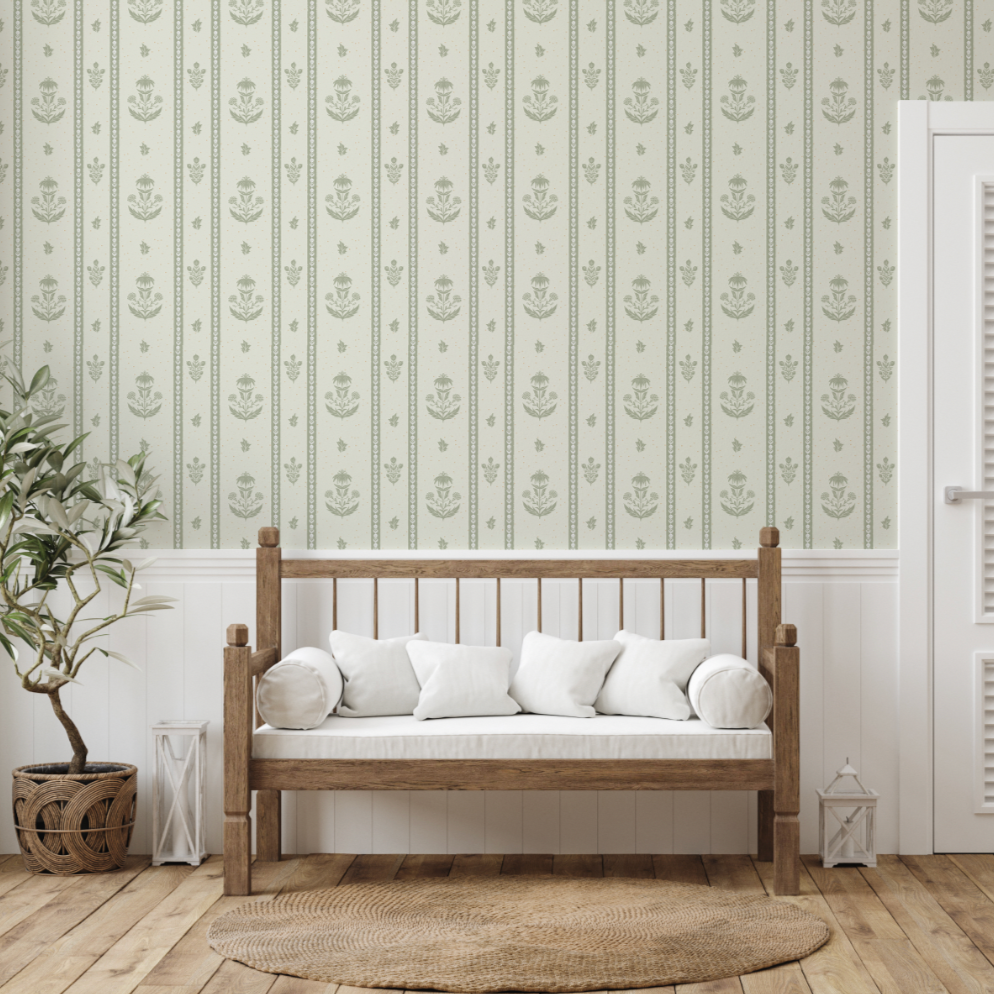 Cordelia Floral Removable Wallpaper in Green, Cream, Brown & Blue