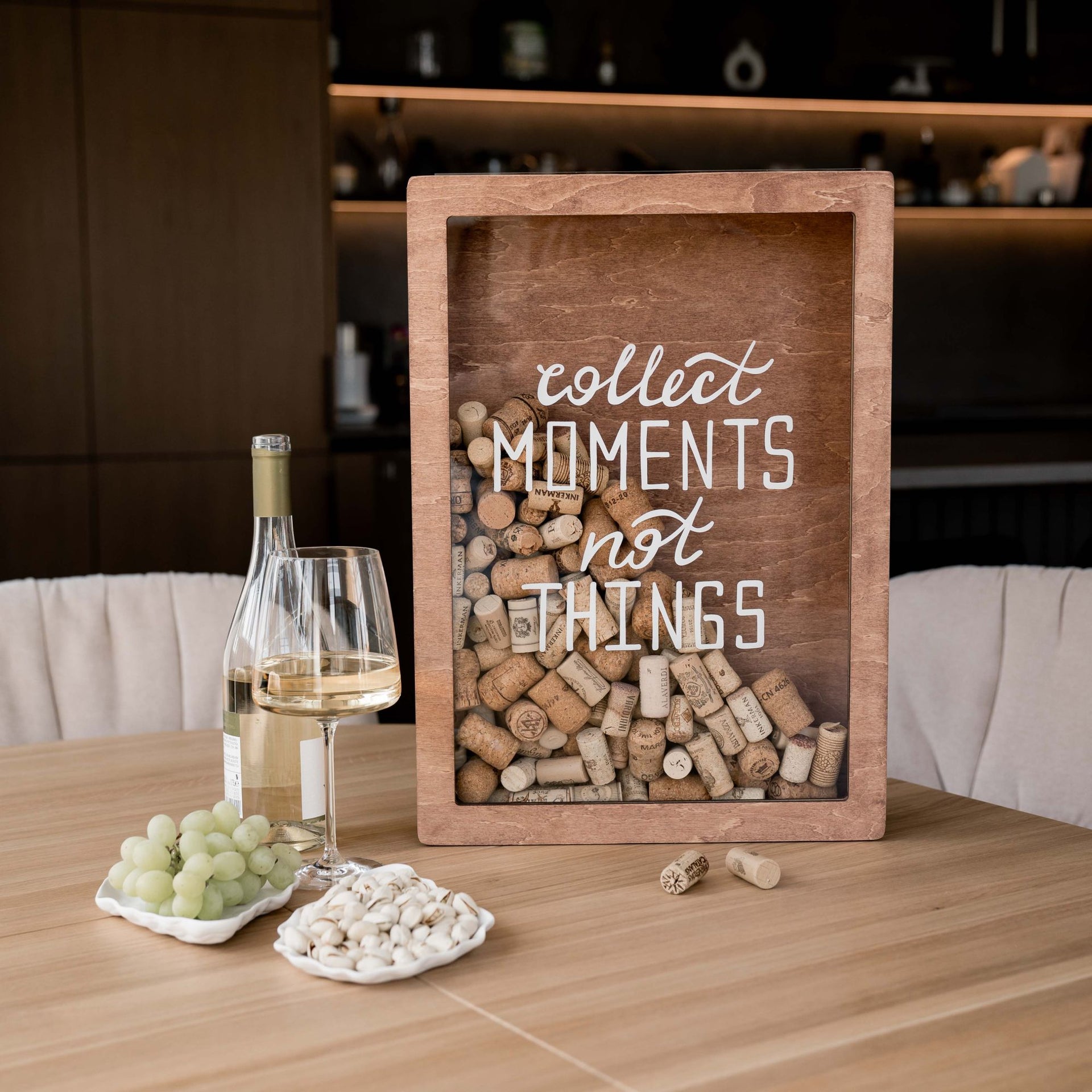 Collect Moments Not Things wooden wine cork shadow box