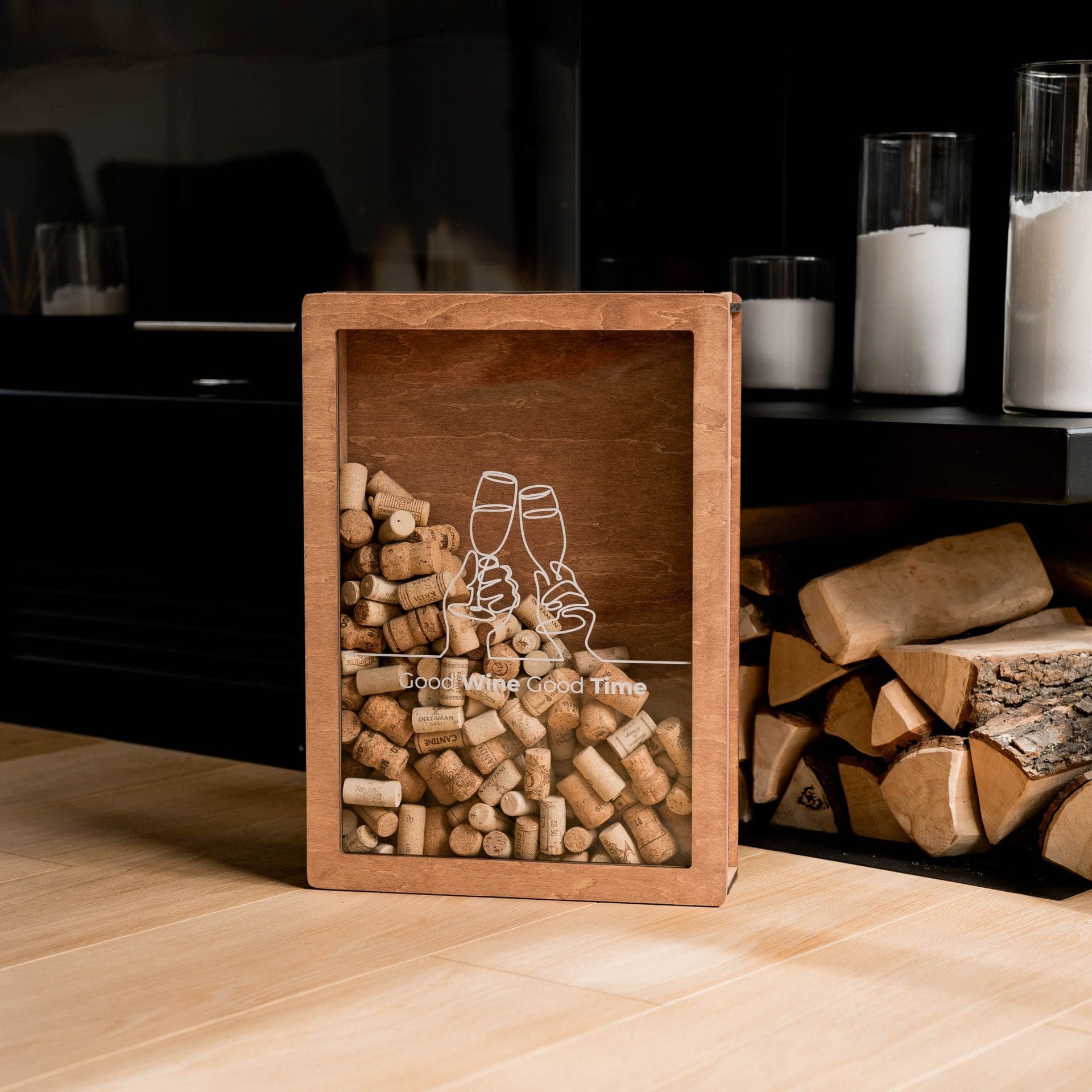 Good Wine Good Time wine cork shadow box displayed on a wall