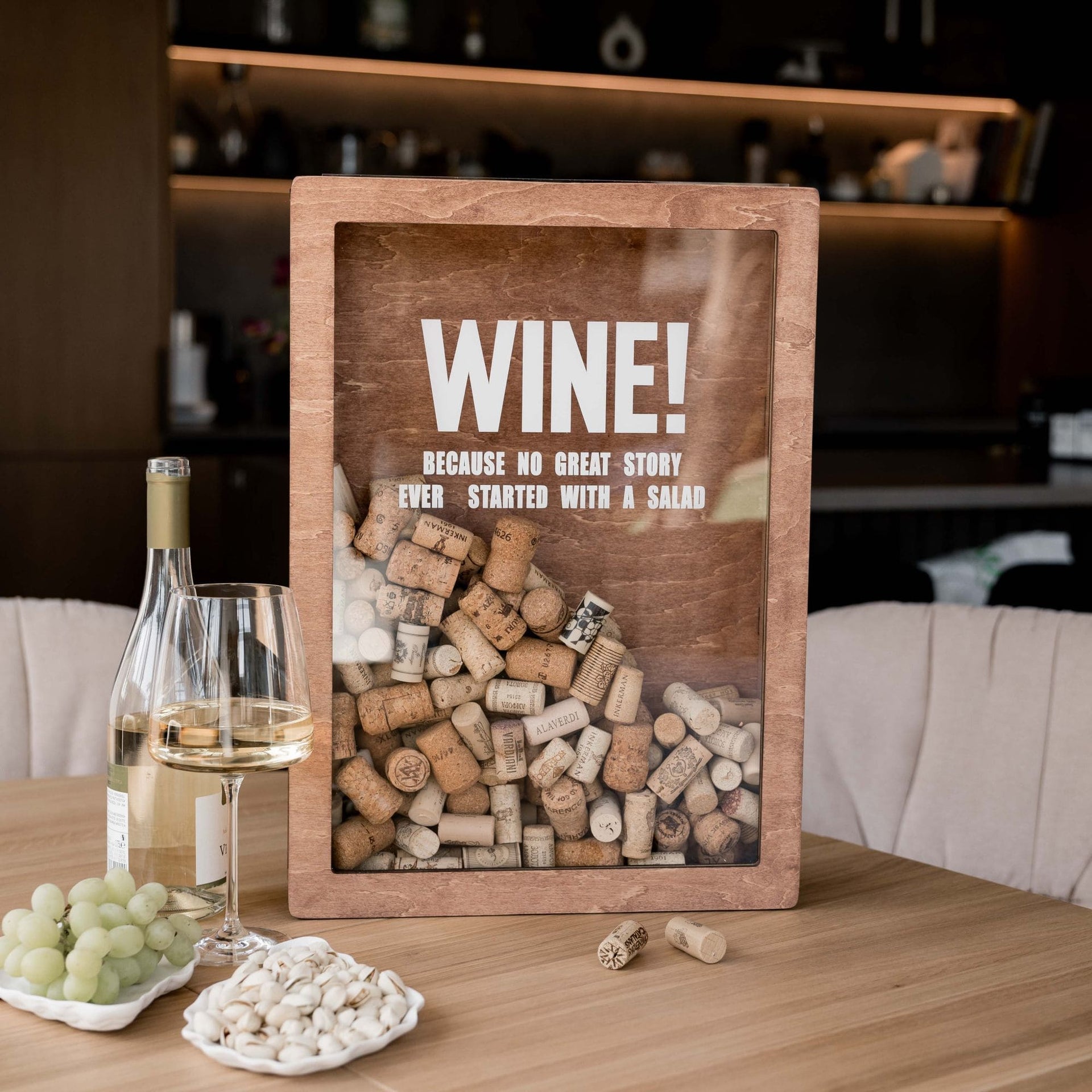 Wine cork shadow box with the quote No Great Story Started with a Salad