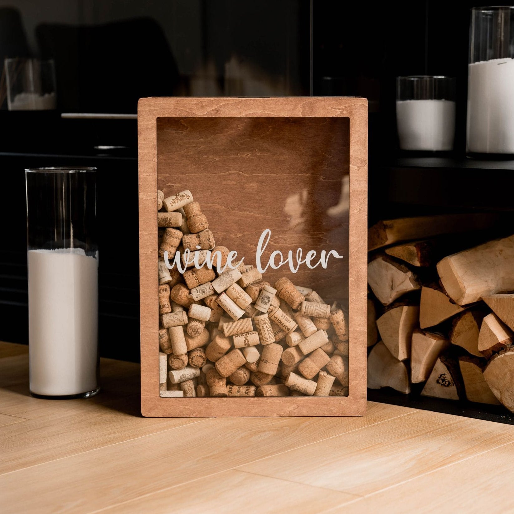Minimalist wooden wine cork shadow box for wine lovers
