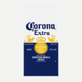 A rectangular beach towel featuring the white and blue Corona Extra beer label design.