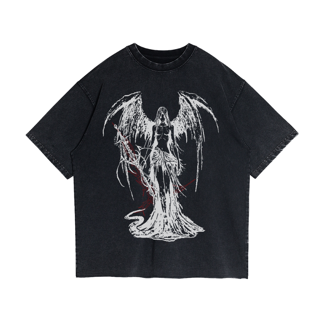 Front and back view of a black heavyweight graphic streetwear t-shirt featuring a fallen angel design on the front and a gothic cross on the back.