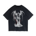 Front and back view of a black heavyweight graphic streetwear t-shirt featuring a fallen angel design on the front and a gothic cross on the back.