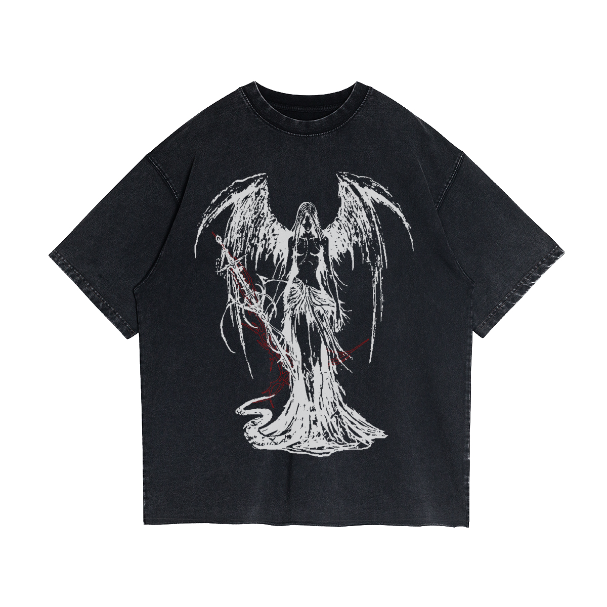 Front and back view of a black heavyweight graphic streetwear t-shirt featuring a fallen angel design on the front and a gothic cross on the back.