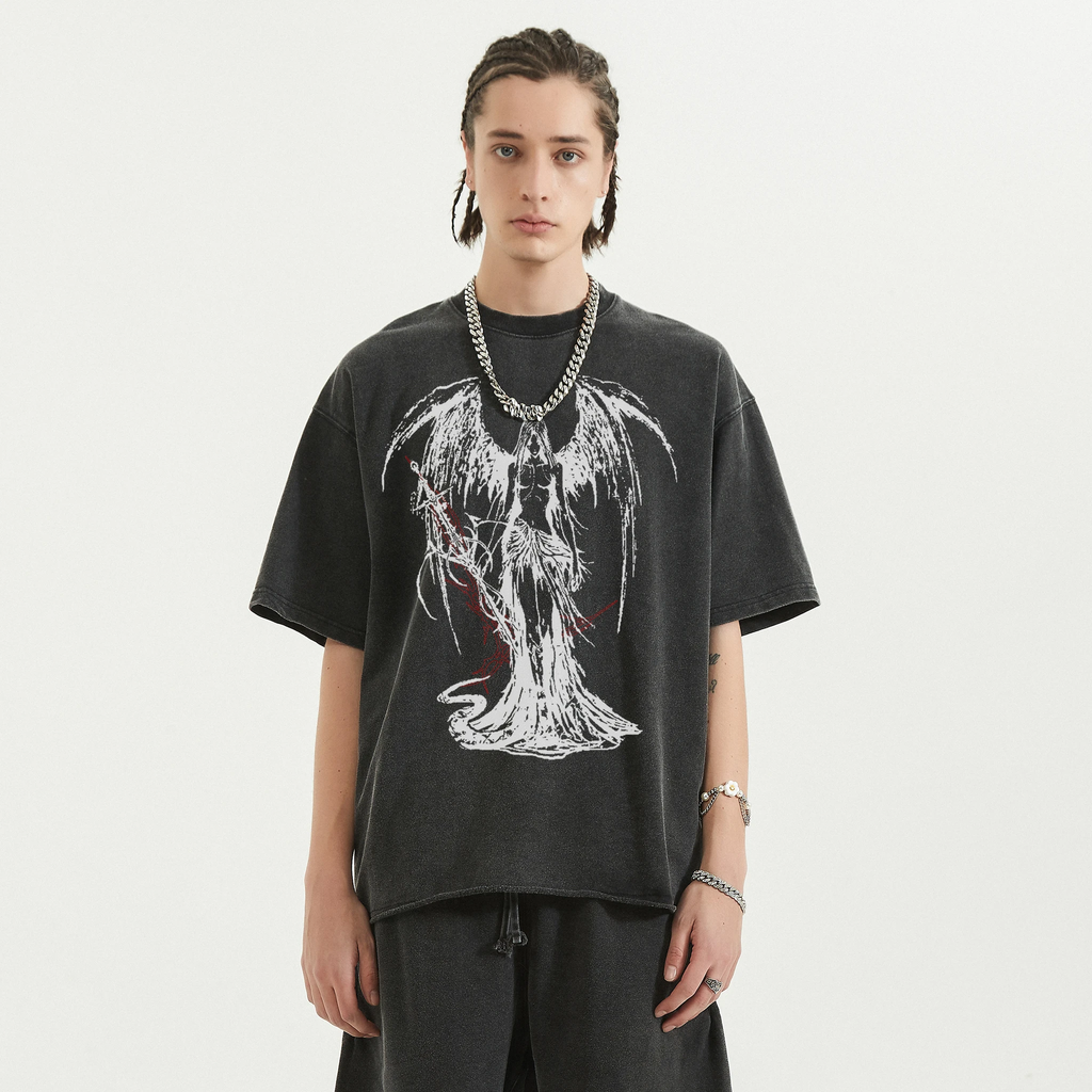 Fallen Angel Graphic Streetwear Tee in Faded Black Heavyweight - Image 3