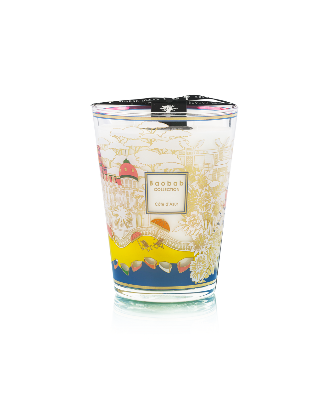 Baobab Collection Côte d'Azur Max 24 candle with blue, yellow, and gold coastal-inspired glass design.