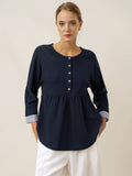 Organic Cotton Patchwork Cuff Button Decor Top AUDREY