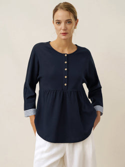 Organic Cotton Patchwork Cuff Button Decor Top AUDREY