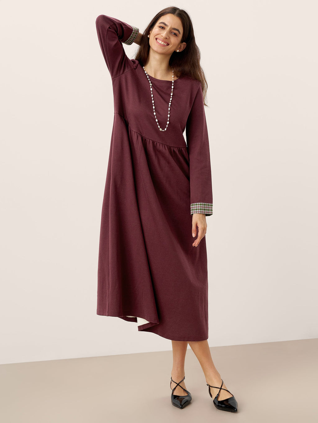 Organic Cotton Patchwork Cuff Crew Neck Casual Midi Dress SCARLETT