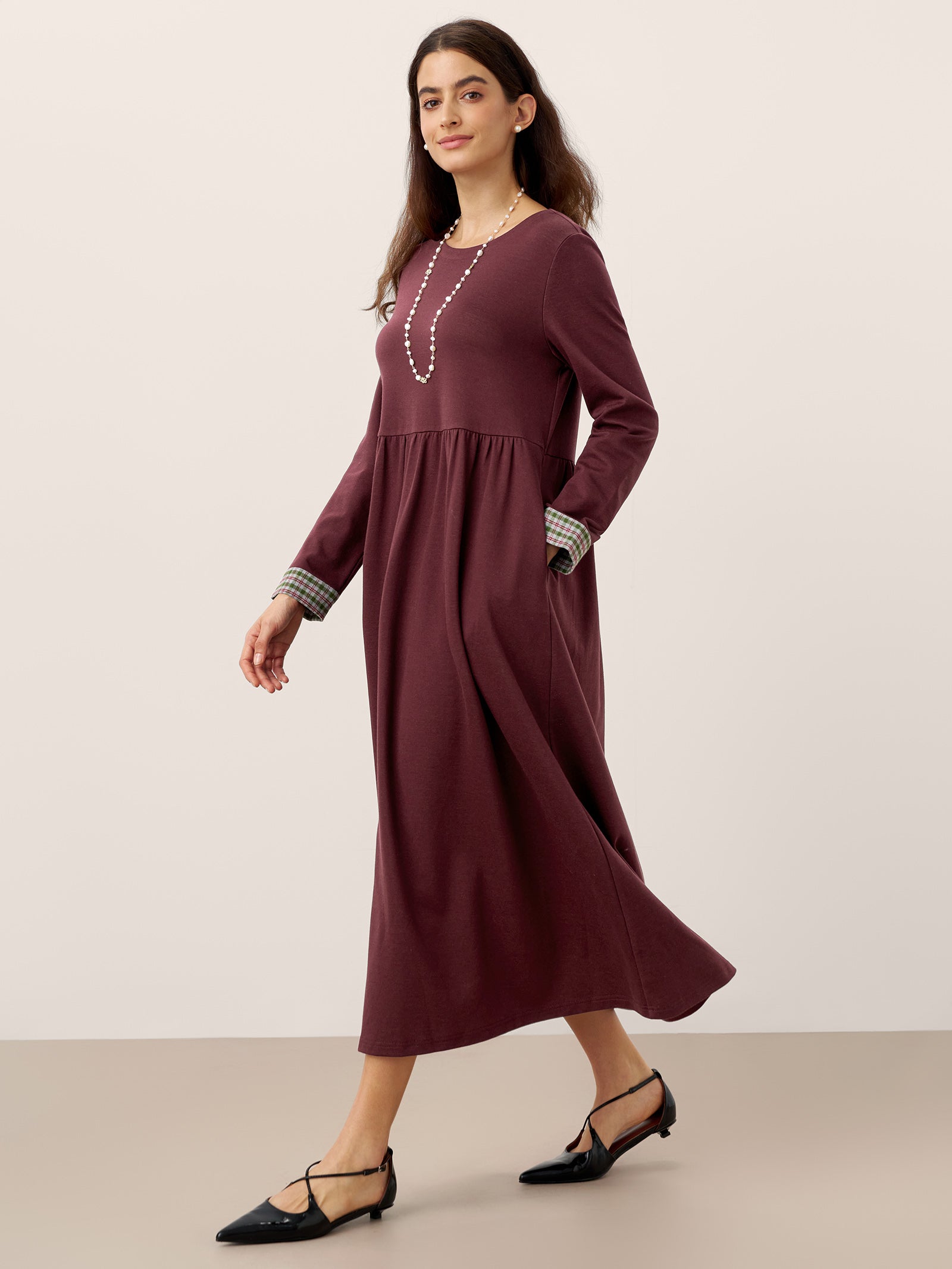 Organic Cotton Patchwork Cuff Crew Neck Casual Midi Dress SCARLETT