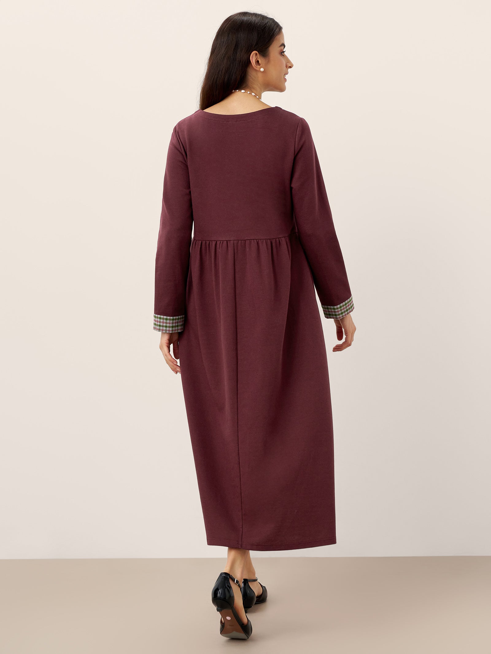 Organic Cotton Patchwork Cuff Crew Neck Casual Midi Dress SCARLETT