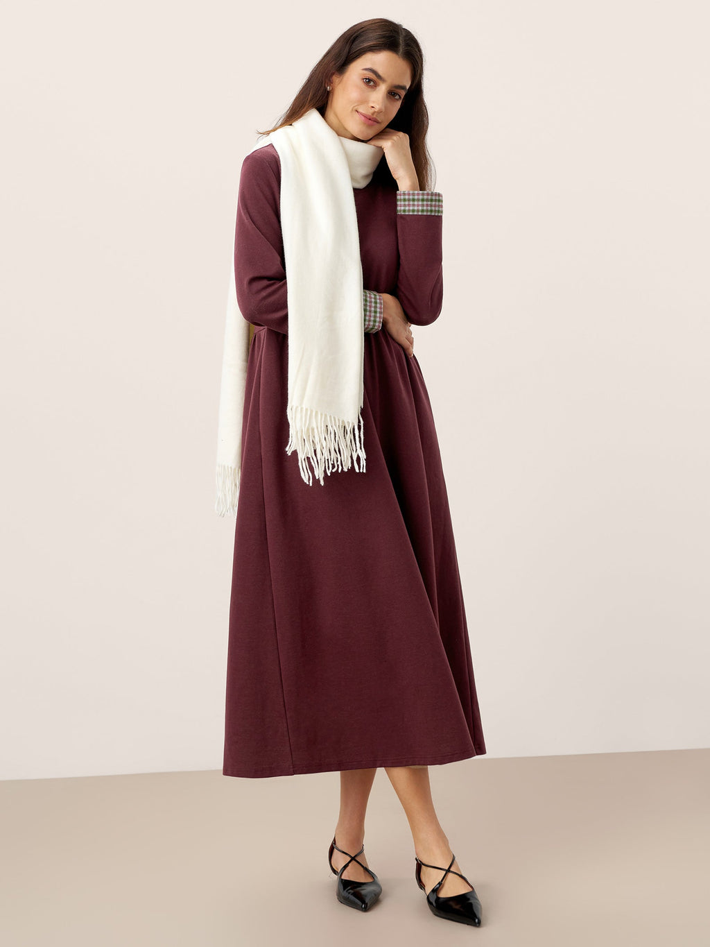Organic Cotton Patchwork Cuff Crew Neck Casual Midi Dress SCARLETT