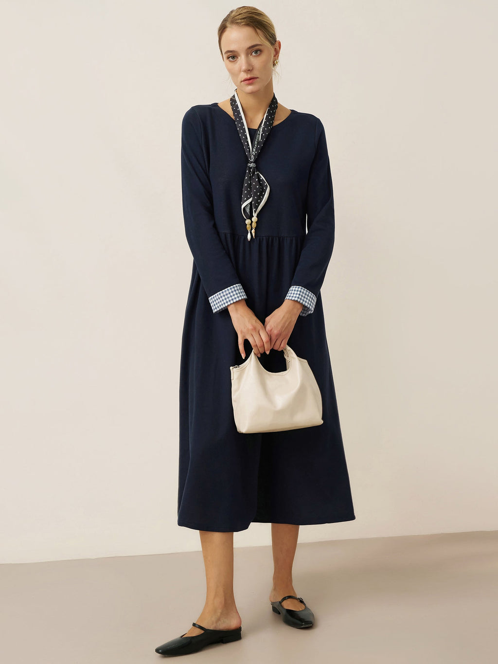 Organic Cotton Patchwork Cuff Crew Neck Casual Midi Dress SCARLETT