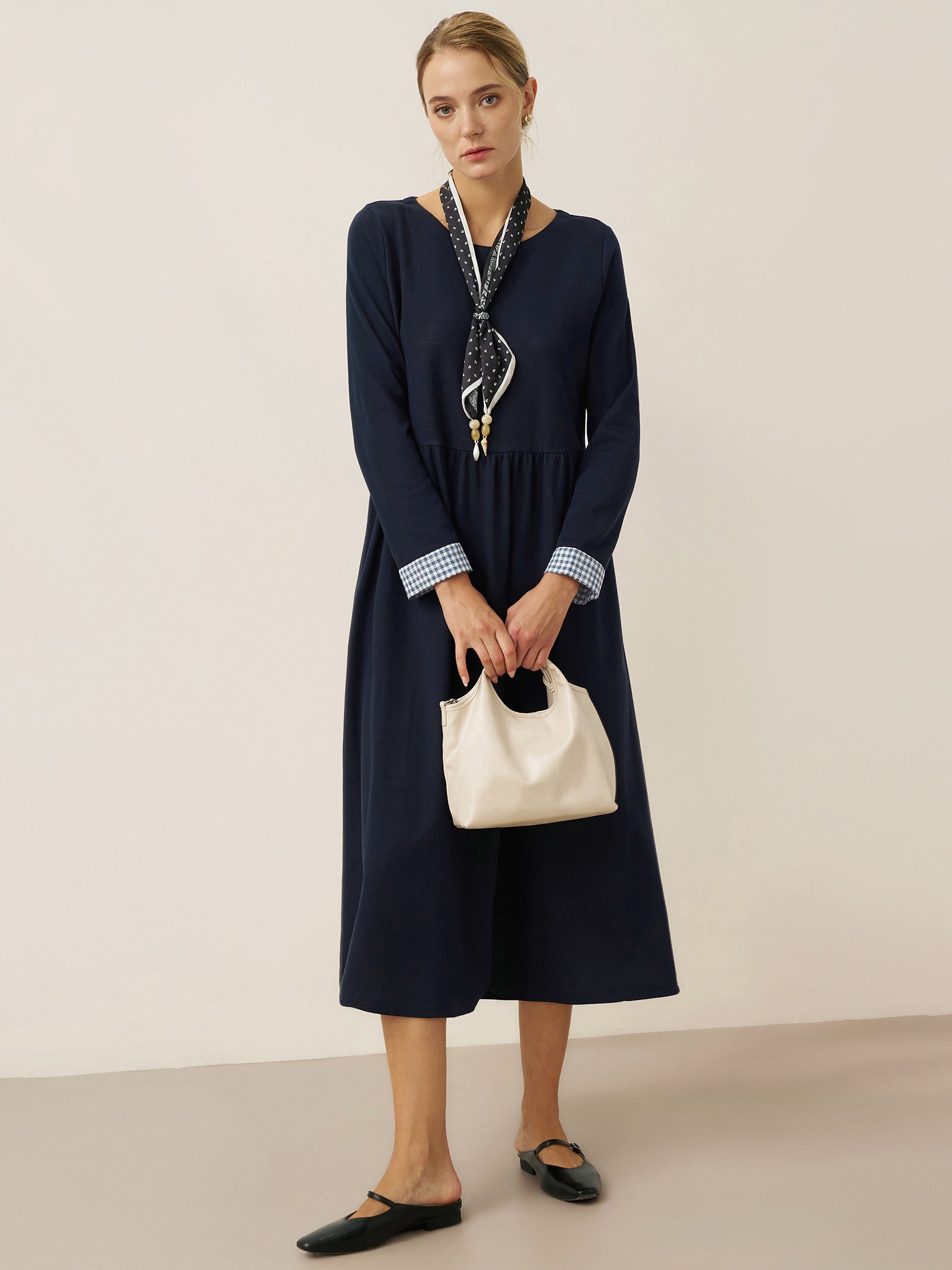 Organic Cotton Patchwork Cuff Crew Neck Casual Midi Dress SCARLETT