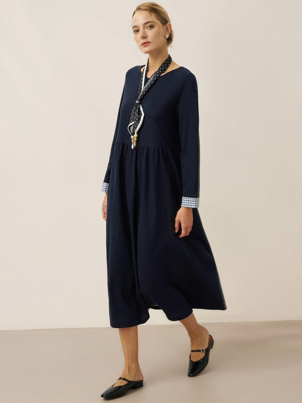 Organic Cotton Patchwork Cuff Crew Neck Casual Midi Dress SCARLETT
