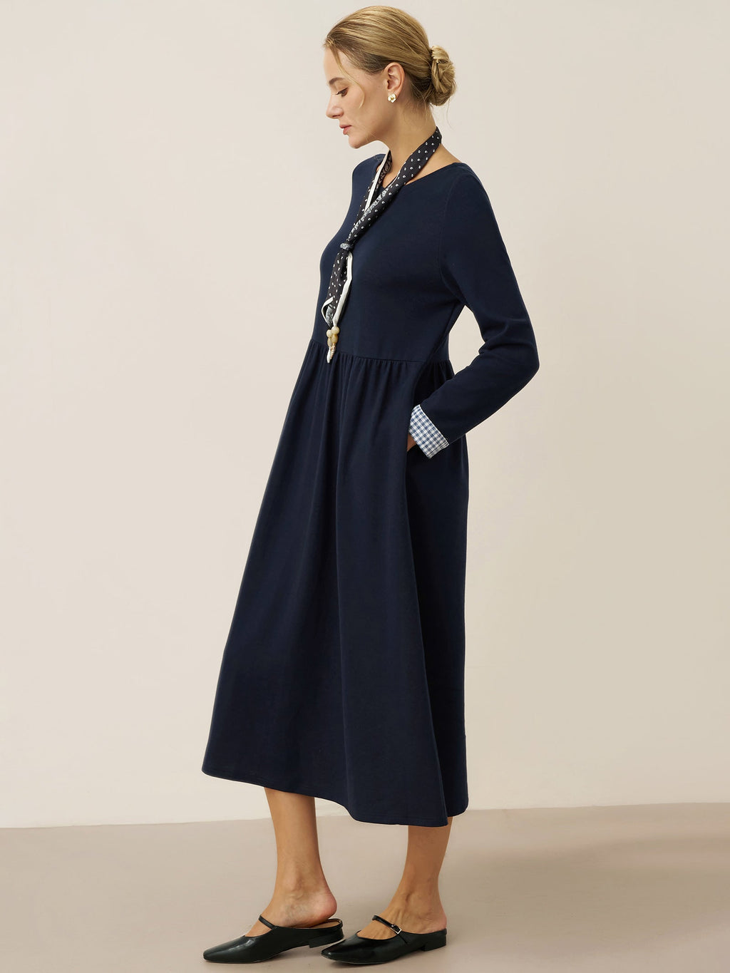 Organic Cotton Patchwork Cuff Crew Neck Casual Midi Dress SCARLETT