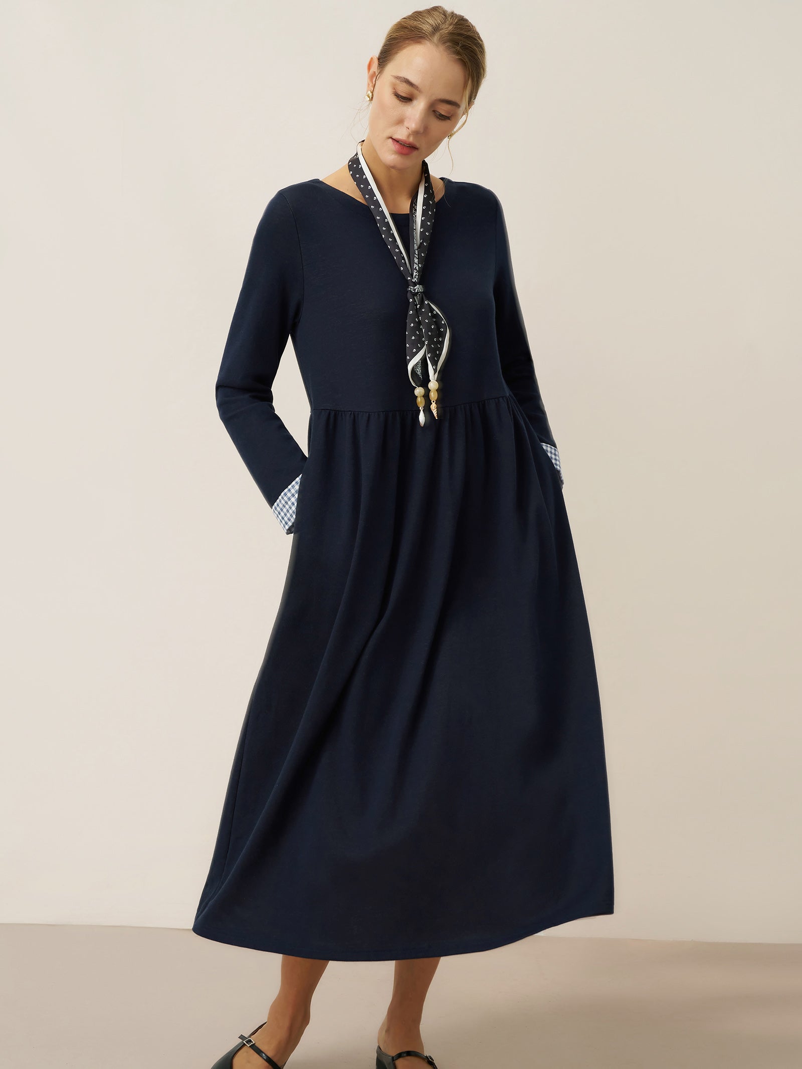 Organic Cotton Patchwork Cuff Crew Neck Casual Midi Dress SCARLETT