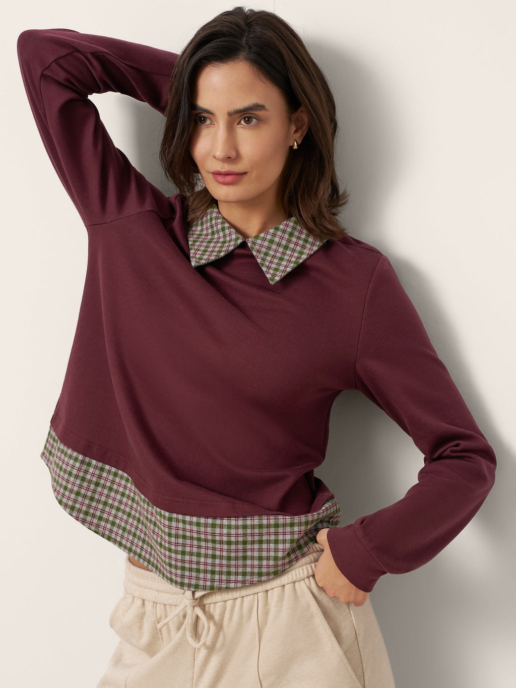 Cotton Plaid Panel Long Sleeve Top RAYNA