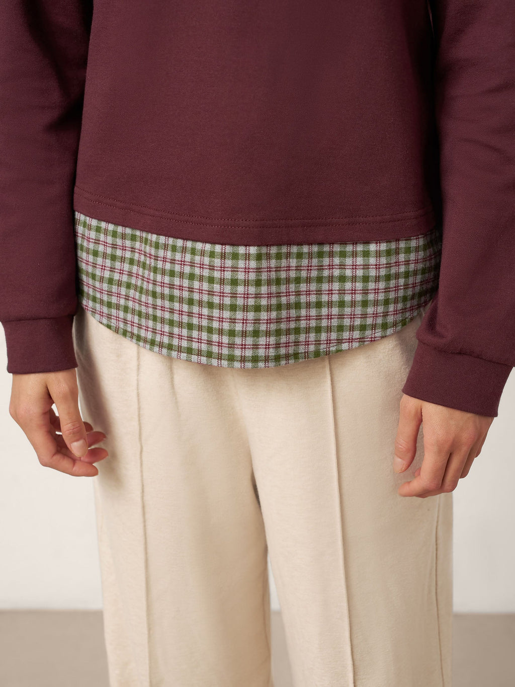 Cotton Plaid Panel Long Sleeve Top RAYNA