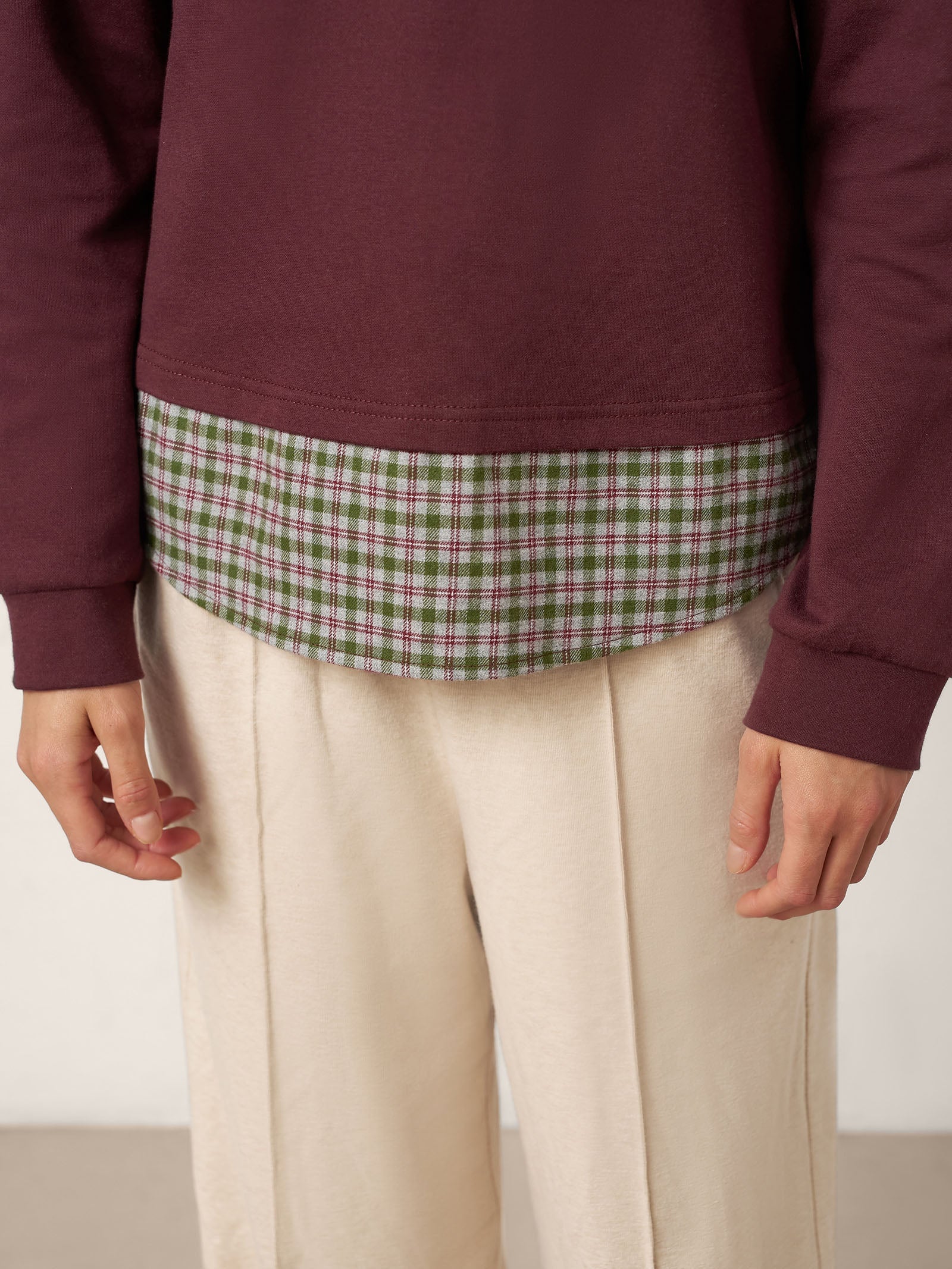 Cotton Plaid Panel Long Sleeve Top RAYNA