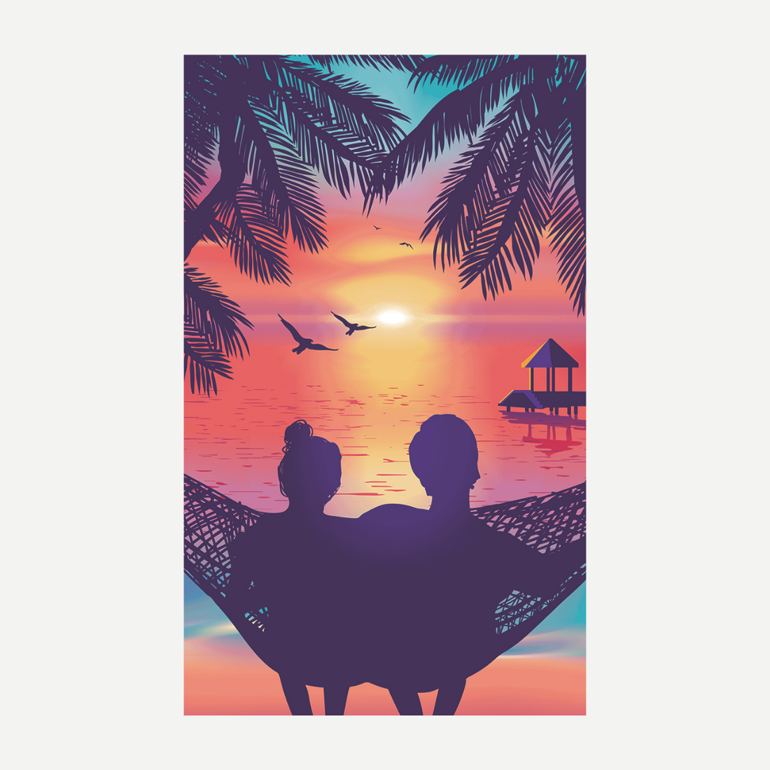 A soft 54x68 inch beach towel featuring a silhouette of a couple relaxing in a hammock at sunset with palm trees and a calm ocean view.