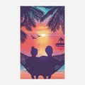 A soft 54x68 inch beach towel featuring a silhouette of a couple relaxing in a hammock at sunset with palm trees and a calm ocean view.