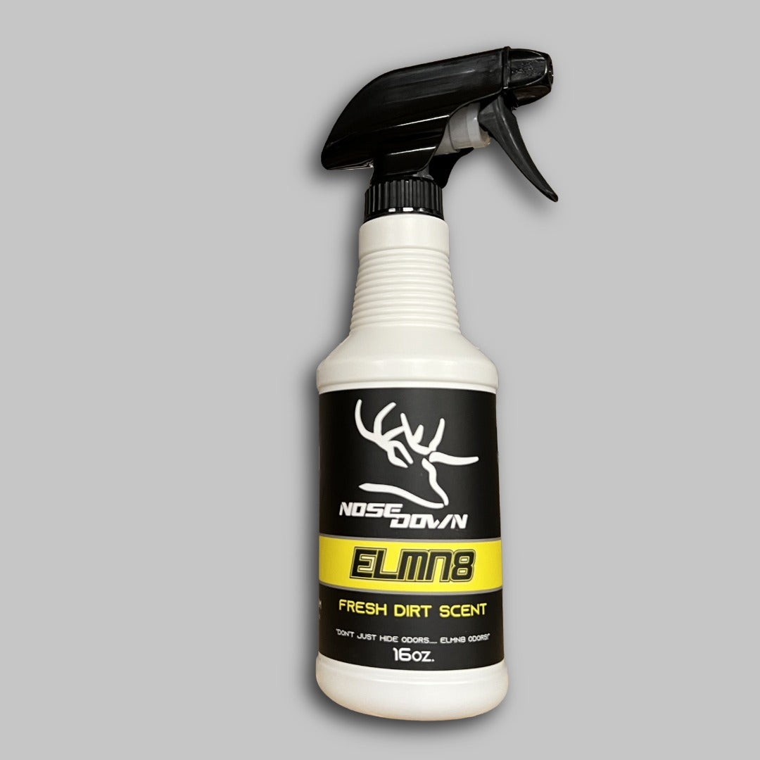 16oz bottle of ELMN8 scent eliminator with fresh dirt scent labeling