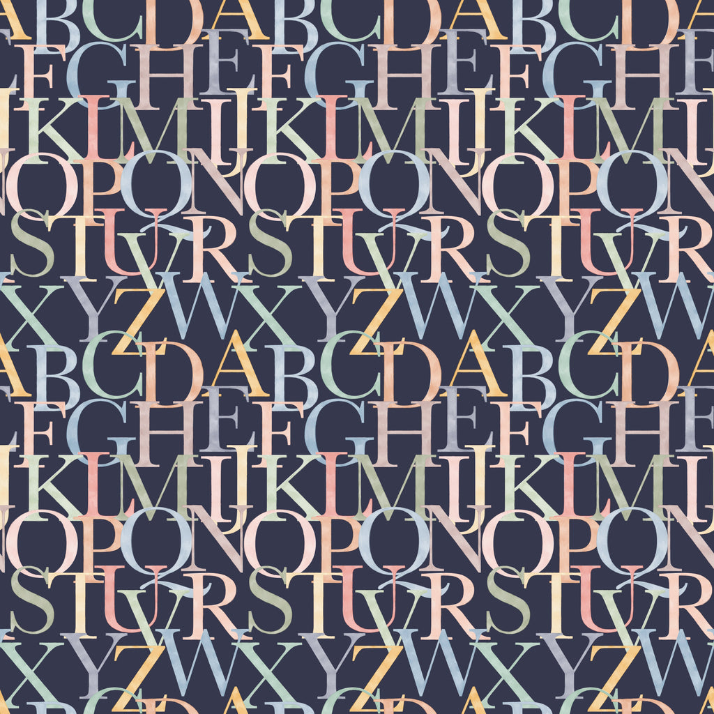 Coy Educational Nursery Wallpaper in White and Dark-Blue