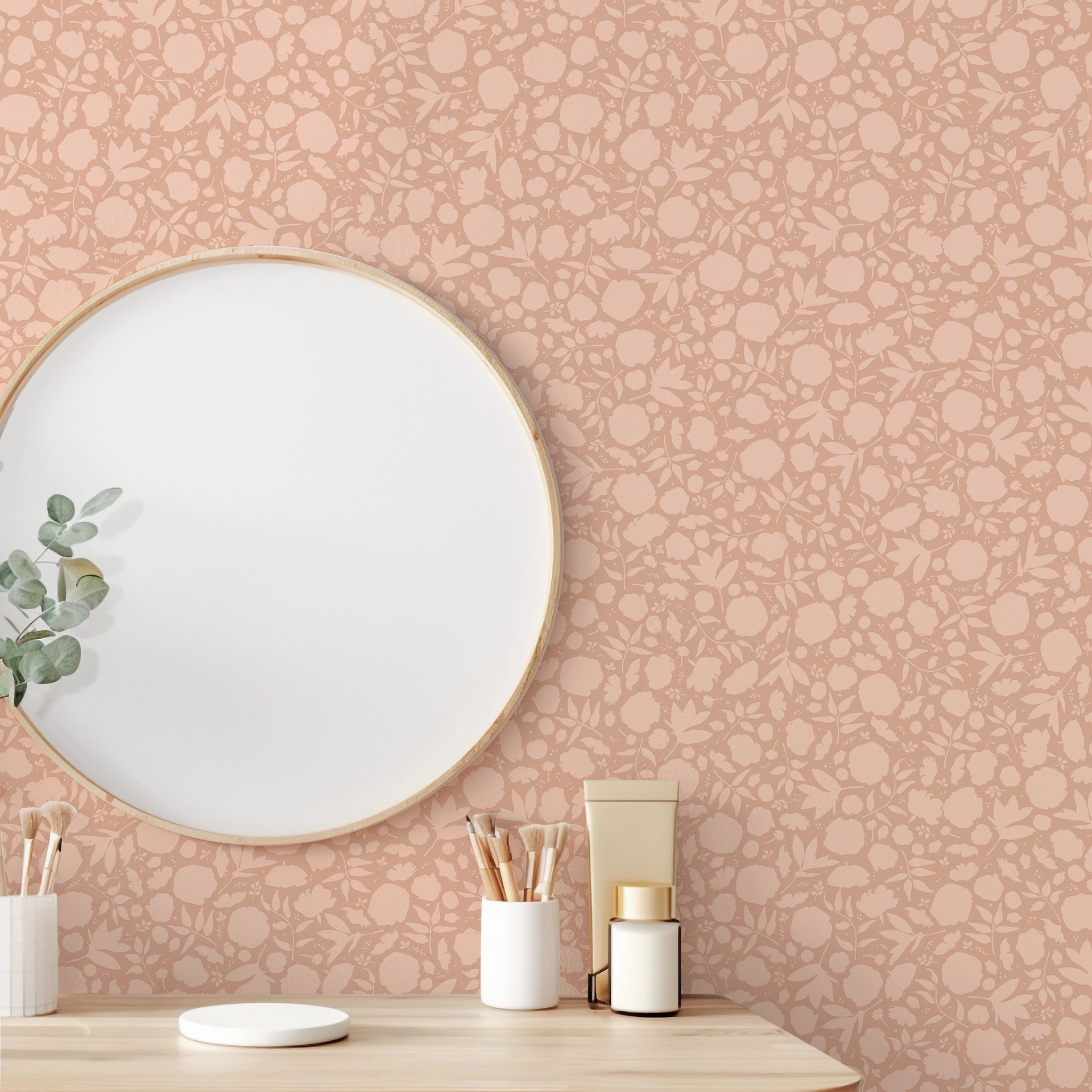 Brea floral wallpaper in terracotta and pale-pink for minimalist bohemian interiors