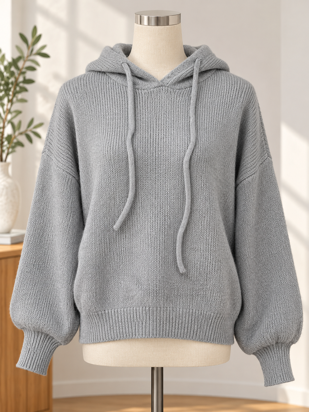 Women's Loose-Fit Drawstring Knit Hoodie with Button Cuffs
