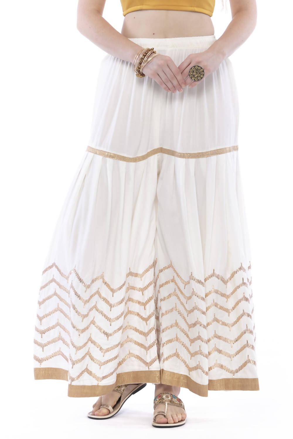 Girls Off-White Cotton Gota Print Sharara - Traditional Ethnic Wear
