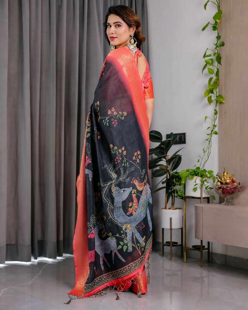 Black Pure Handloom Linen Saree with Blouse Piece