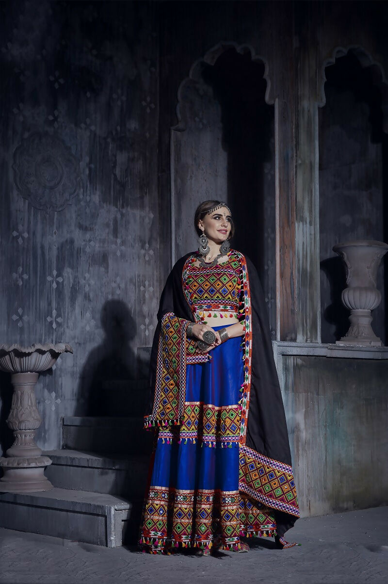 Blue Art Silk Lehenga Choli Set with Black Dupatta for Navratri