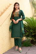 Bottle Green 14KG Rayon kurta with gold foil print and embroidery details.