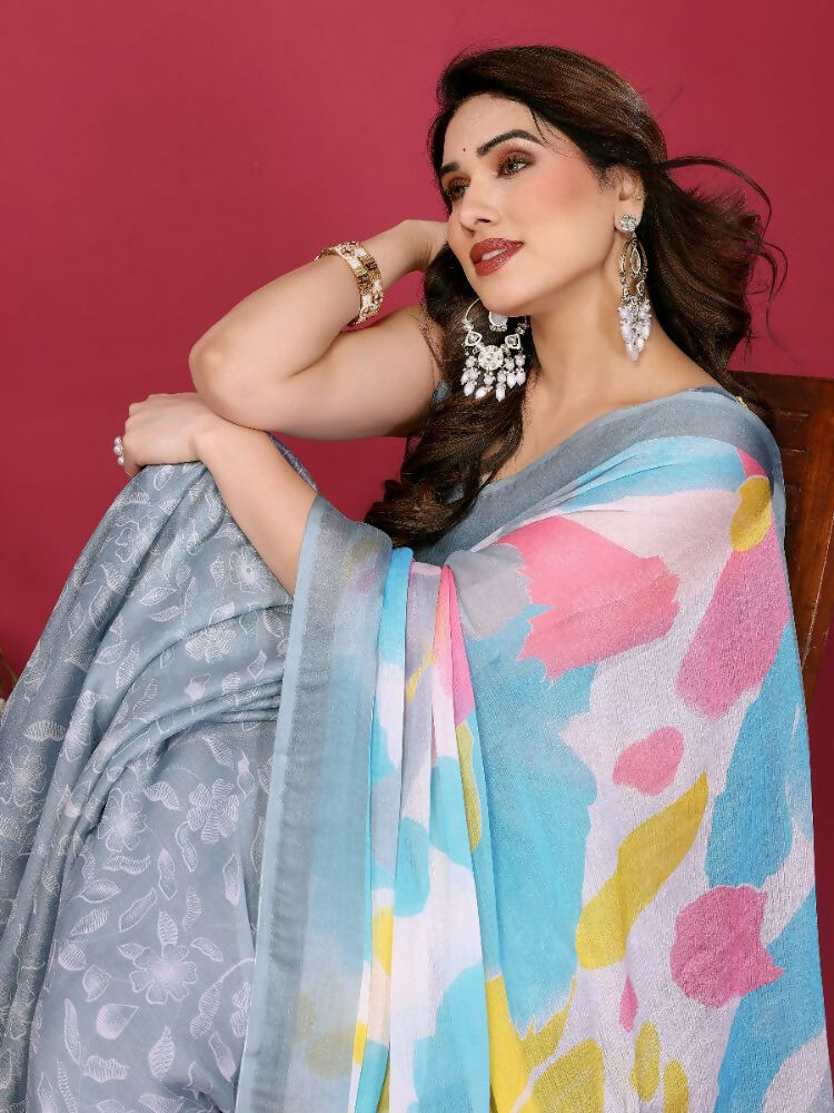 Grey Moss Chiffon Printed Saree with Matching Blouse