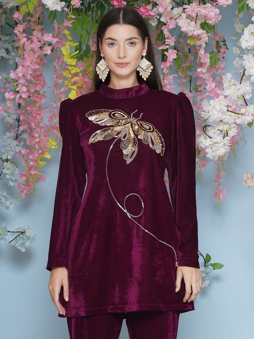 Joban Fashion Wine Velvet Hand Embellished Coord Set