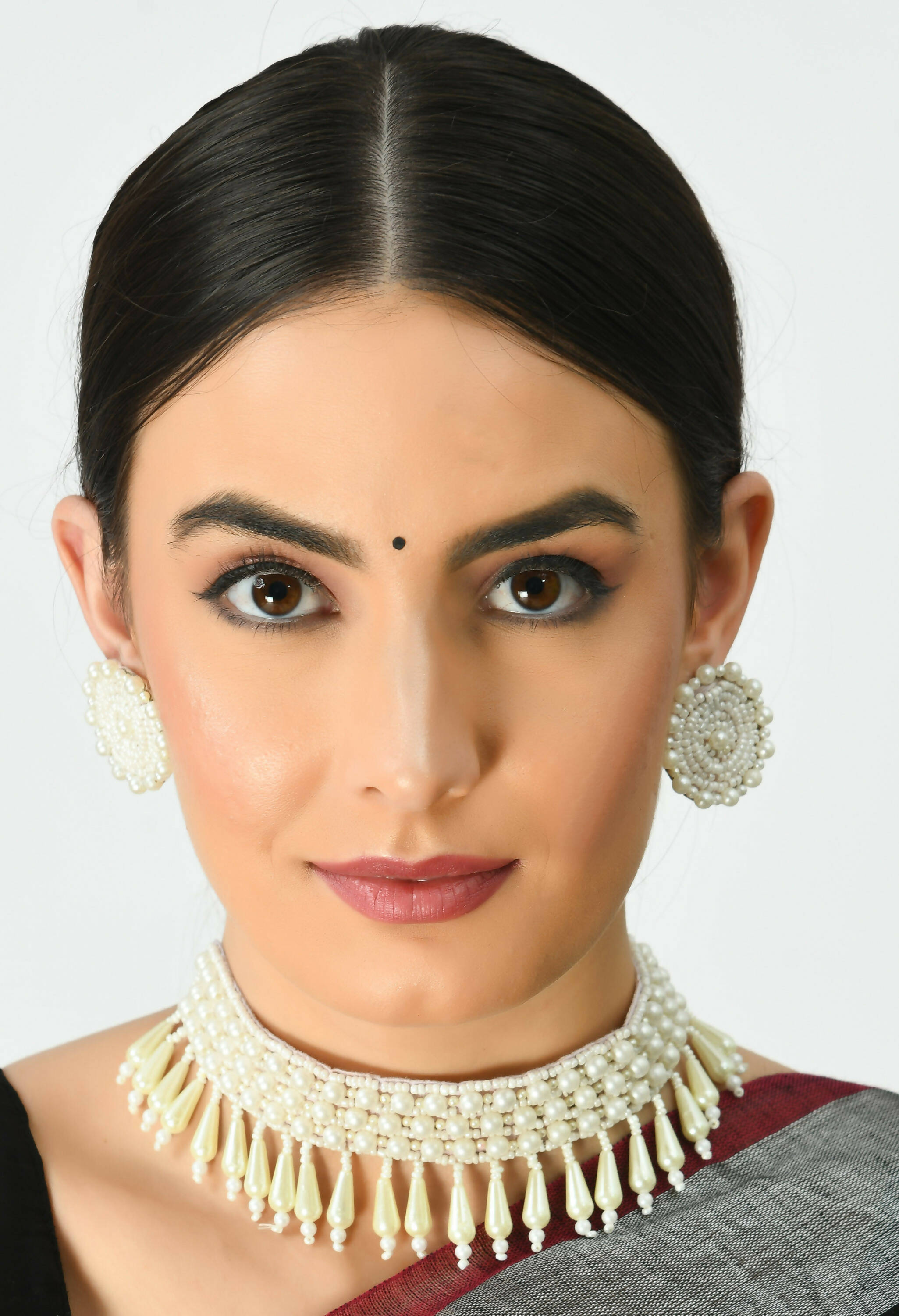 Off White Pearl Choker Necklace and Earrings Handicraft Set