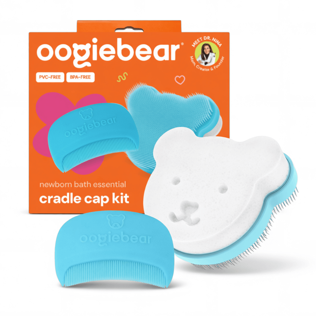 Blue and white oogiebear cradle cap grooming kit for infants