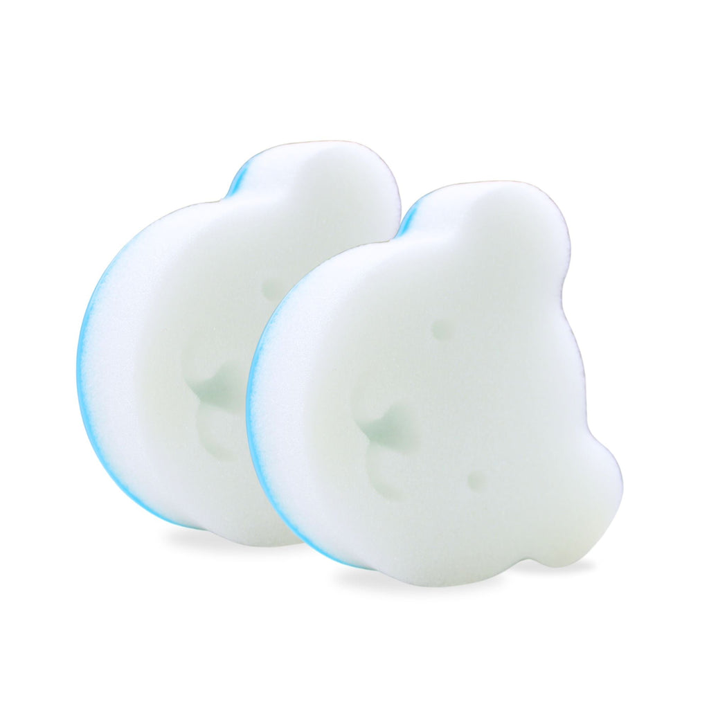 White and blue cradle cap replacement sponge for sensitive baby skin care