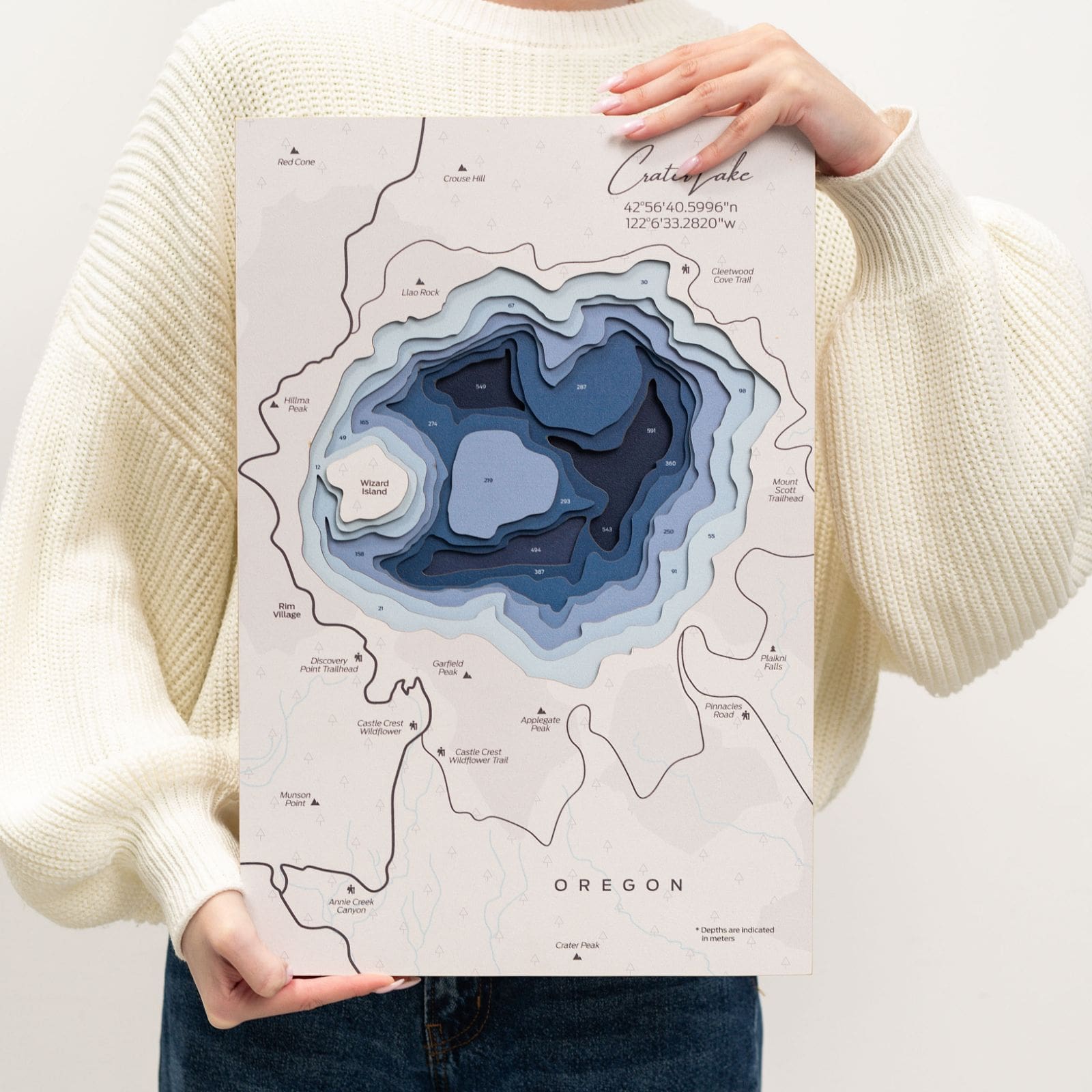 Crater Lake Wooden Wall Map Nature-Inspired Art