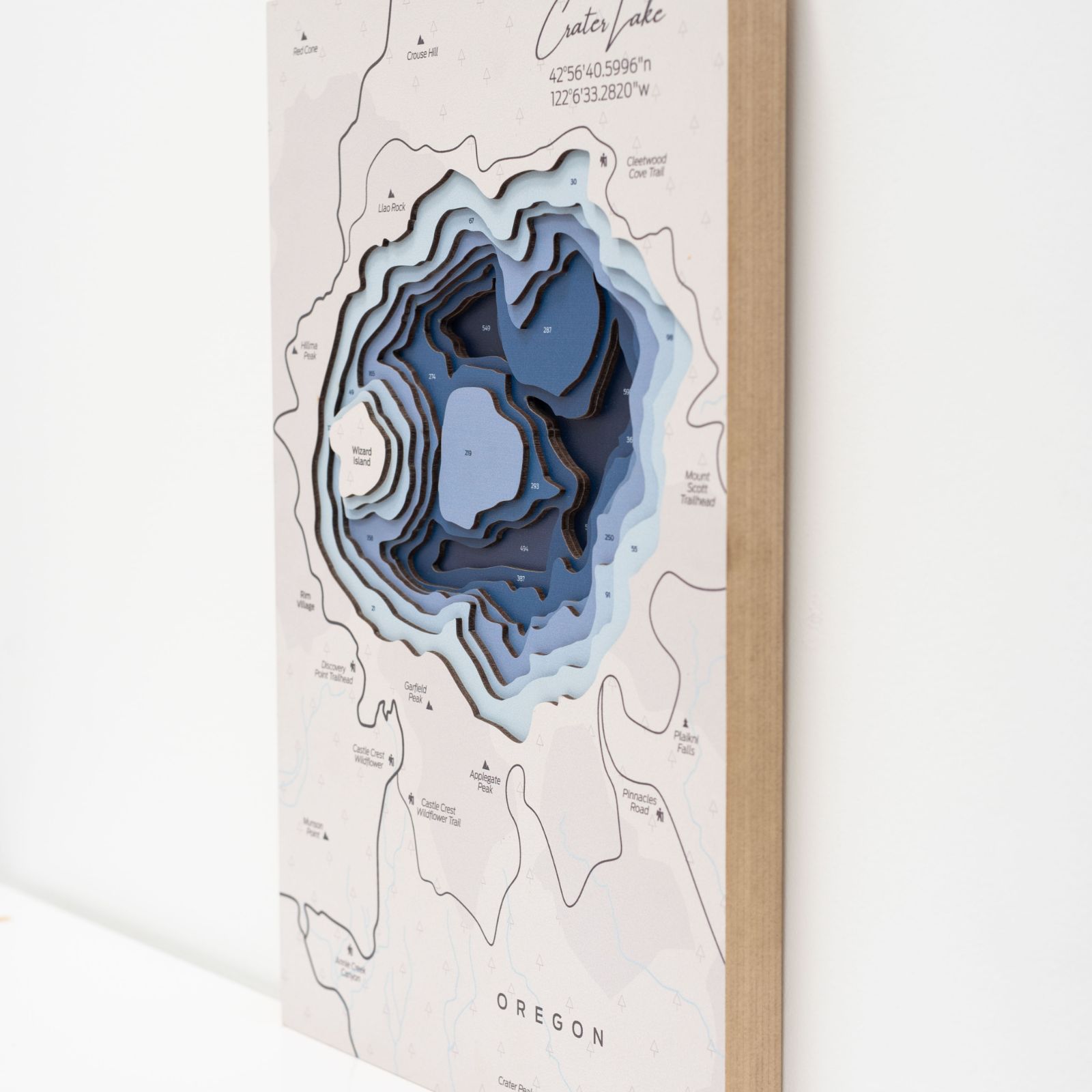 Crater Lake Wooden Wall Map Nature-Inspired Art