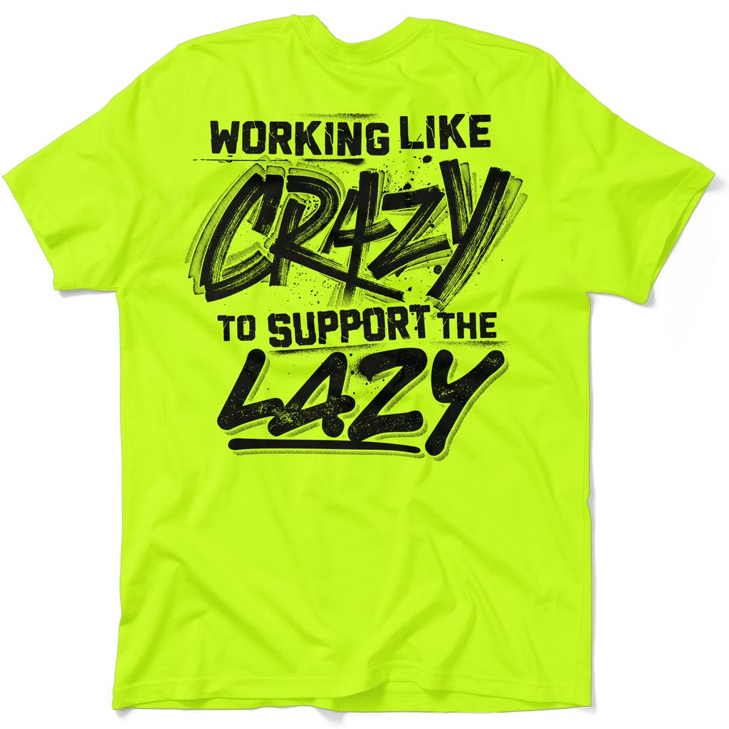 Bright safety yellow graphic t-shirt with a humorous design for blue collar work environments
