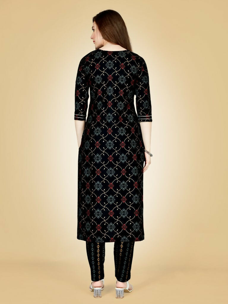 Women's Black Embroidered Viscose Rayon Straight Kurta Pant Set
