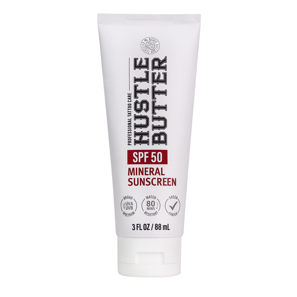 Hustle Butter Mineral Sunscreen Lotion SPF 50 in white and black packaging
