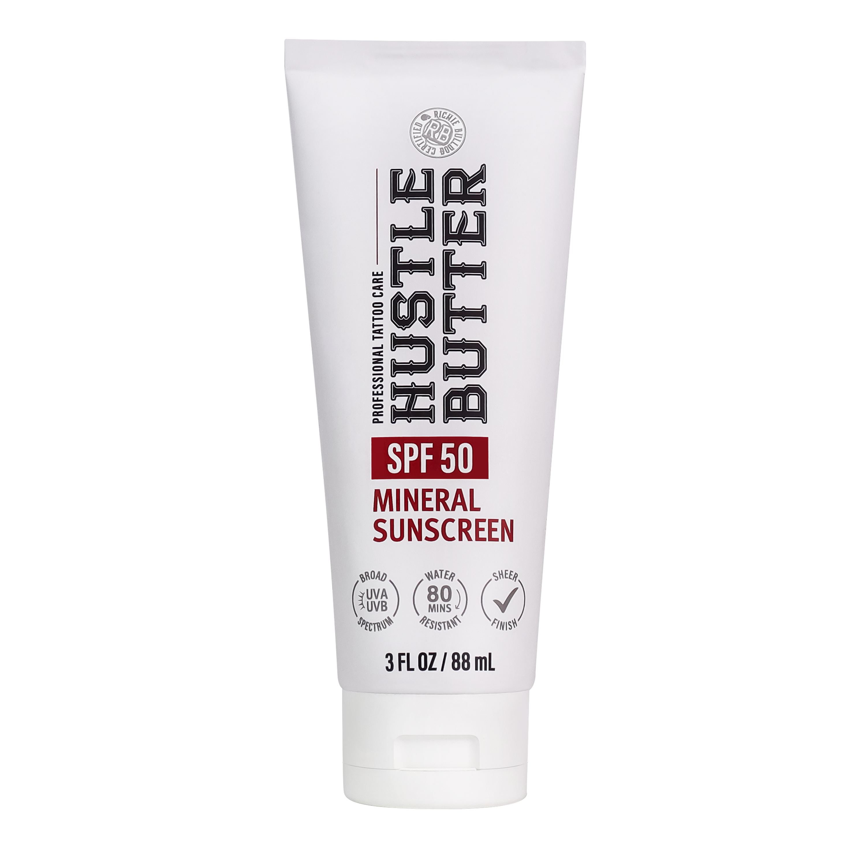 Hustle Butter Mineral Sunscreen Lotion SPF 50 in white and black packaging
