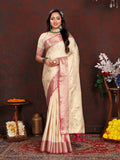 Cream Soft Katan Silk Saree with intricate zari woven pallu and matching blouse