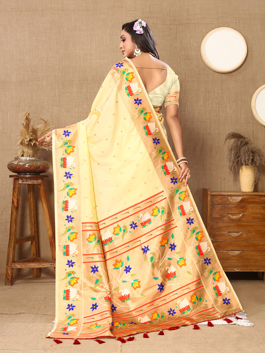 Cream Soft Paithani Silk Saree with Rich Zari Meenakari Weaving