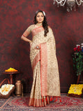 Cream soft katan silk saree with gold zari border and matching blouse
