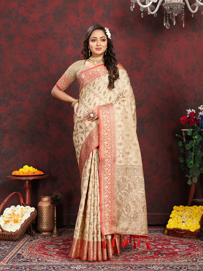 Cream soft katan silk saree with gold zari border and matching blouse